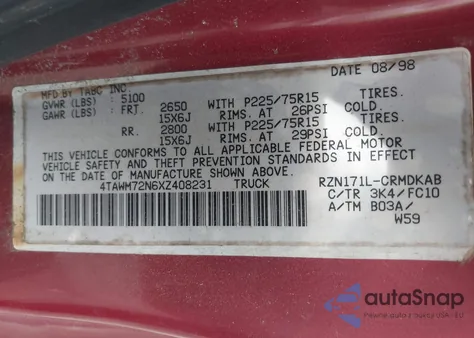 1999 Toyota Tacoma из США, поврежденный, VIN 4TAWM72N6XZ408231